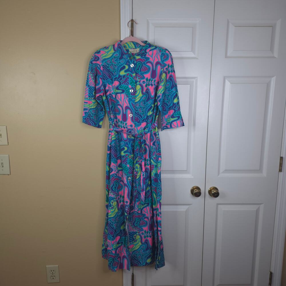 Vintage Saybury 70s Psychedelic Neon Paisley Short Sleeve Midi Dress with Belt L